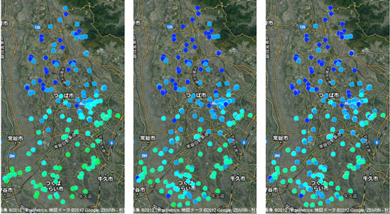 左から2011年6月下旬、2011年10月下旬、2012年2月上旬の茨城県つくば市近郊の線量の図