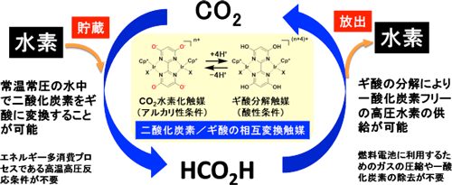プロトン応答型およびプロトンリレー型触媒による高効率二酸化炭素/ギ酸の相互変換の図