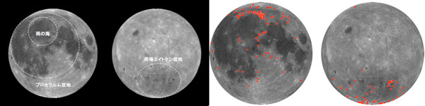 月の表・裏と低カルシウム輝石に富む衝突溶解物の分布図