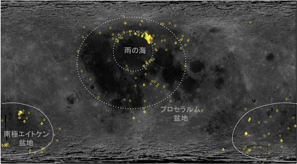 低カルシウム輝石を多く含む物質の全月面上での分布図