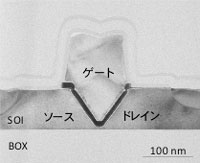 試作したトランジスタの断面構造の電子顕微鏡像の写真