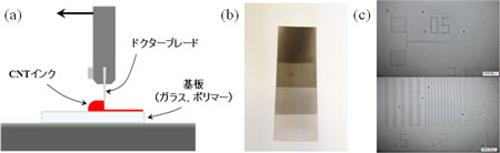 CNTインクを用いた透明導電フィルム作製の模式図、CNTの多層積層膜、スクリーン印刷によってパターニングされたCNT薄膜の画像