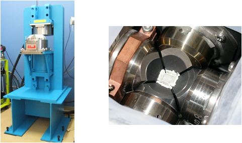 今回の研究で用いた、高圧合成装置（左）キュービックアンビル型圧力下物性測定装置の圧力発生部分（右）の写真