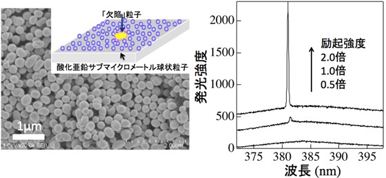 図1 ZnOサブマイクロメートル球状粒子膜の電子顕微鏡写真とこれを利用したランダムレーザー素子の模式図。欠陥におけるレーザー発振特性の図