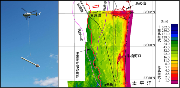 空中電磁探査ヘリコプターの写真と仙台平野南部地域（亘理町付近）の見掛比抵抗分布（140 kHz）の図