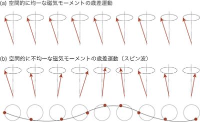 磁気モーメントの集団的な運動一例を示した模式図