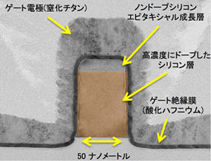 今回開発した新構造トンネルFET断面の透過電子顕微鏡像図