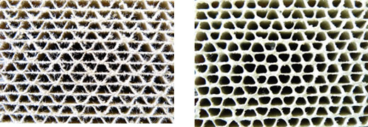 一般的なペーパーハニカム基材（左）と多孔質シリカで被膜した基材（右）の断面写真