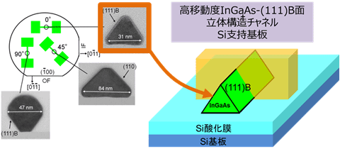 (111)B面を持つ三角形断面チャネルのInGaAsトランジスタ概念図
