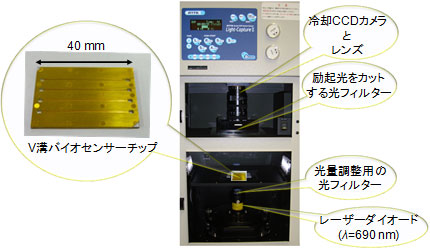 V溝バイオセンサーチップと市販装置をベースに試作したV溝バイオセンサー用蛍光検出装置の写真