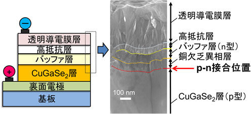 CuGaSe2太陽電池のデバイス構造と断面の電子顕微鏡写真