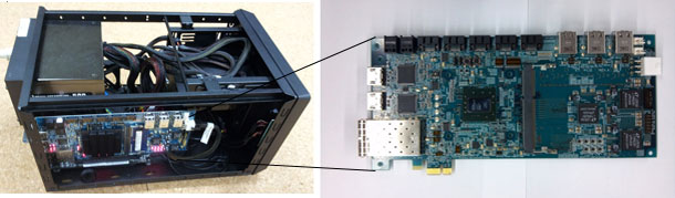 開発したセキュリティバリアデバイスとSBD用FPGAボードの写真