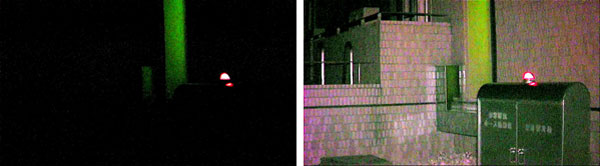 夜間屋外撮影例の写真(a)赤外線照射なし(a')赤外線照射あり