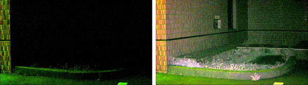夜間屋外撮影例の写真(b)赤外線照射なし(b')赤外線照射あり