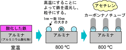 一般的な熱CVD法によるカーボンナノチューブの成長の様子の図