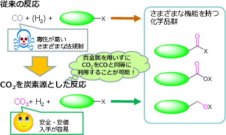 今回開発した触媒による反応の応用例の図