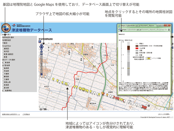 津波堆積物データベースの閲覧画面の画像