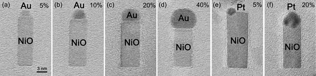貴金属とNiOの相対サイズが異なるAu-NiO接合ナノロッドと、Pt-NiO接合ナノロッドのTEM写真