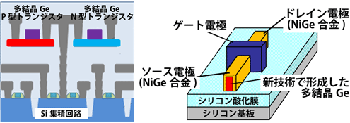 多結晶Geトランジスタを用いた3D-LSIのコンセプト図（左）と今回開発した多結晶Geトランジスタの構造模式図（右）の画像