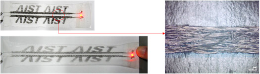 今回開発した高伸縮性・高耐久性の導電配線を用いた電極を伸長した時の様子の写真