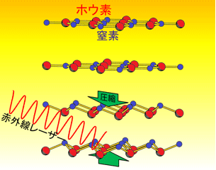 赤外線レーザー照射による格子振動で上下に縮むhBNの概念図画像