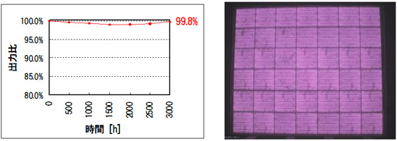 高温高湿試験3000時間までの出力推移（左）と試験3000時間後のEL画像（右）の図