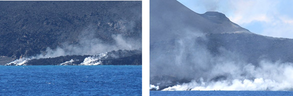 島の南東端で海に流入する溶岩流、）スコリア丘東山腹に形成された小火口丘とその麓から南東に流れ出ている溶岩流の写真