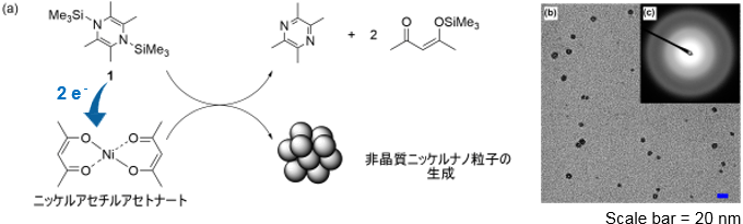 有機ケイ素化合物1を用いた非晶質ニッケルナノ粒子の合成スキーム図、透過型電子顕微鏡によって観測された、最大で直径15 nmの非晶質ニッケルナノ粒子の図、本合成スキームによって得られた非晶質ニッケルナノ粒子の電子線回折像の図