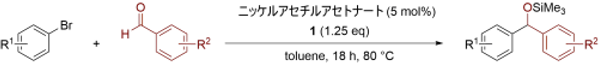 非晶質ニッケルナノ粒子による触媒的ジアリールメタノール誘導体合成反応の図