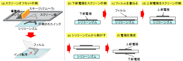 (a) スクリーンオフセット印刷の概要、(b)－(f) 静電容量型フィルム状近接センサーの電極作製法の図