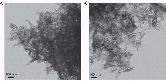 (a)カーボンナノロッドと(b)グラフェンナノリボンの透過型電子顕微鏡像図