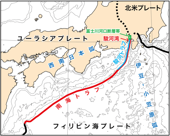 富士川河口断層帯の位置と、南海トラフやプレートとの位置関係図
