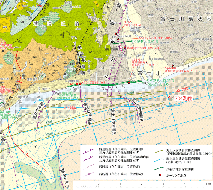 富士川河口から蒲原海岸沿岸域における地質図と活断層の分布図