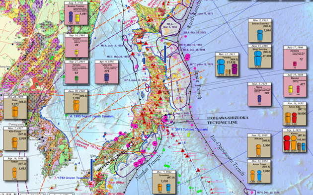「東アジア地域地震火山災害情報図」上での日本付近の図