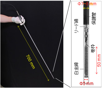 今回開発した白金抵抗温度計の外観（左）と先端のセンサー部（右）の図