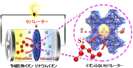 複合金属有機構造体膜をイオンふるいセパレーターに用いたリチウム硫黄電池の図