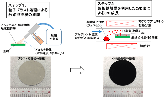 開発したCNT成長法の概略図（上）と、粒子ブラスト処理後と多層CNT成長後のW基板の写真（下）の図