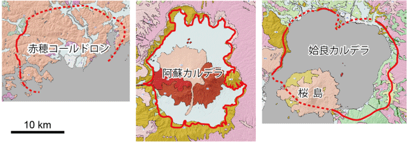 赤穂コールドロンと第四紀カルデラ（阿蘇、姶良）の比較の図