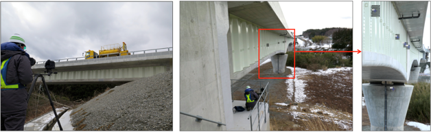 図1 橋梁側面の斜め方向からのカメラ撮影（左）と、カメラを橋台に設置した橋軸方向からのカメラ撮影（右）の写真