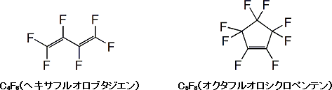 ヘキサフルオロブタジエンとオクタフルオロシクロペンテンの図