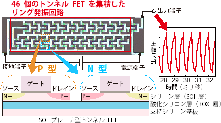 今回製作したトンネルFETによるリング発振回路の光学顕微鏡写真、模式図と出力特性の図