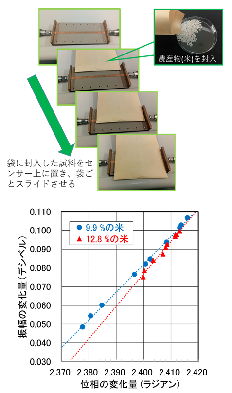 袋に封入された水分量の異なる試料(米)の測定の様子(上)と測定結果(下)の図