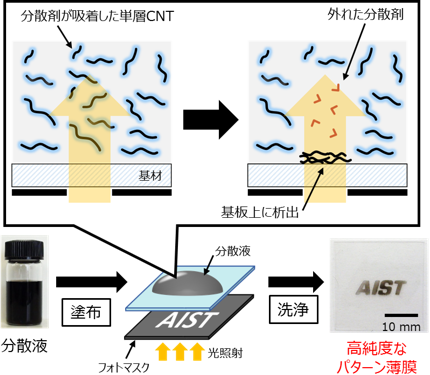 今回の技術でナノ炭素材料が分散液から直接、薄膜化するメカニズムの図