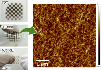 さまざまな基材上に作製した単層CNTのパターン薄膜（左）とその原子間力顕微鏡像（右）の図