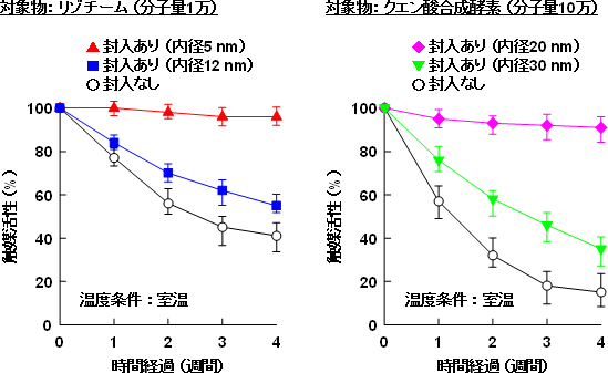 分子量の異なるタンパク質に対するナノカプセルの安定化効果とその内径サイズ依存性の図