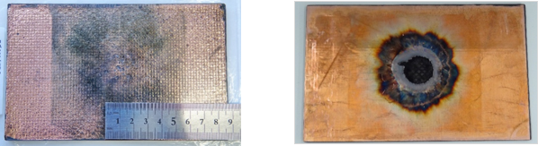 CFRP上に成膜した銅めっきに落雷試験を行った結果(左)と比較のためCFRP上に貼り付けた同じ厚さの銅箔に落雷試験を行った結果（右）の図
