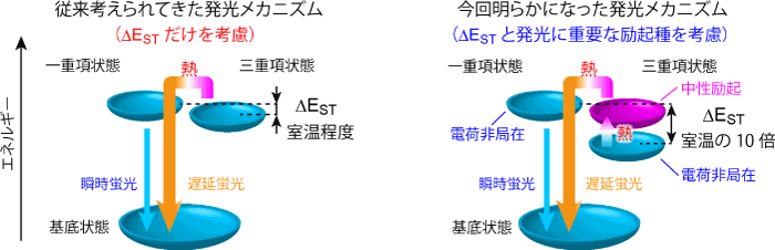 図：TADF発光の従来考えられてきたメカニズム（左）と、今回明らかになったメカニズム（右）の模式図