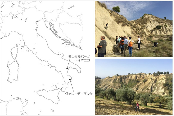 （左）千葉セクション以外の候補地の場所の図、（右上）モンタルバーノ・イオニコと（右下）ヴァレ・デ・マンケの写真