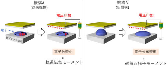 鉄プラチナ磁石の電圧効果には２つの機構が混在することを示す図