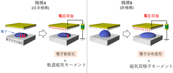 鉄プラチナ磁石の電圧効果には2つの機構が混在することを示す図